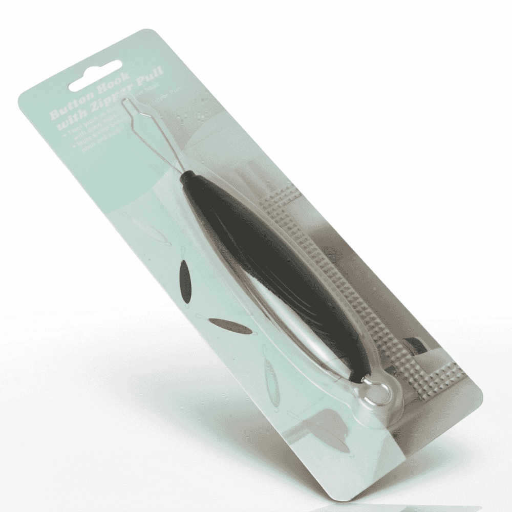 button hook with zip pull packaged