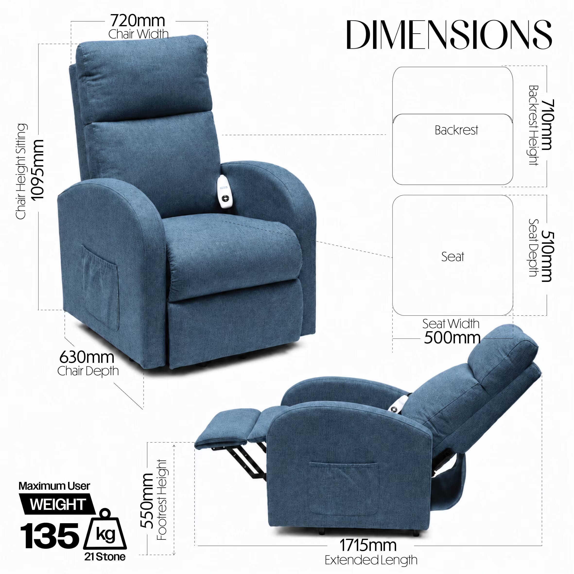 cansfield riser recliner chair blue dimensions