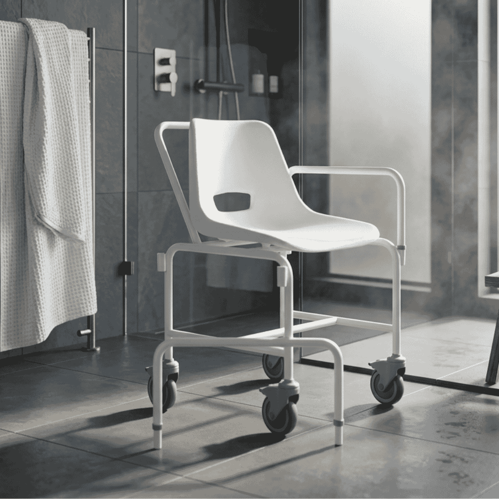charing attendant propelled shower chair in situ