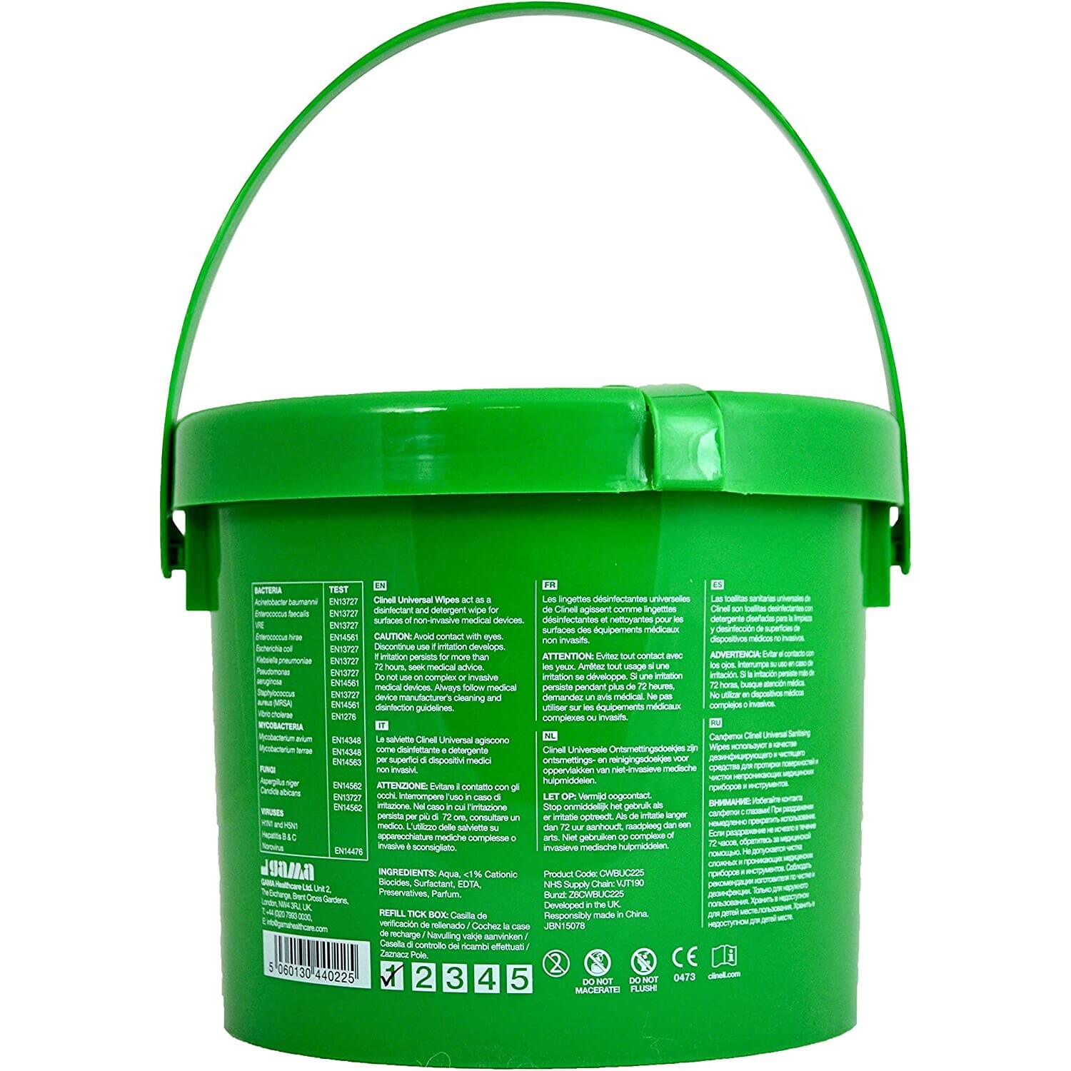 clinell universal sanitising wipes bucket from the back