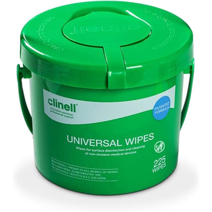 clinell universal sanitising wipes bucket of 225 wipes