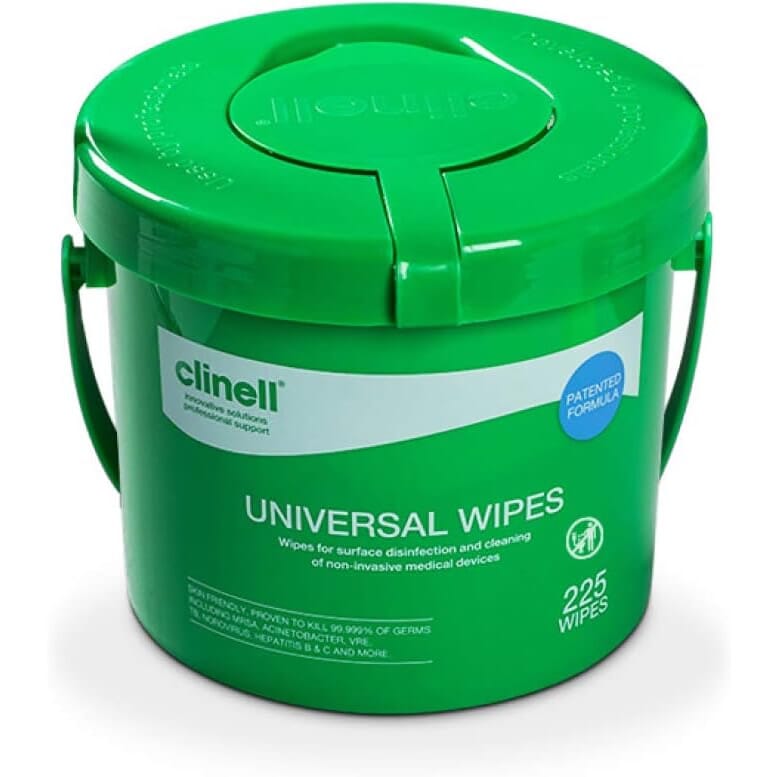 clinell universal sanitising wipes bucket of 225 wipes
