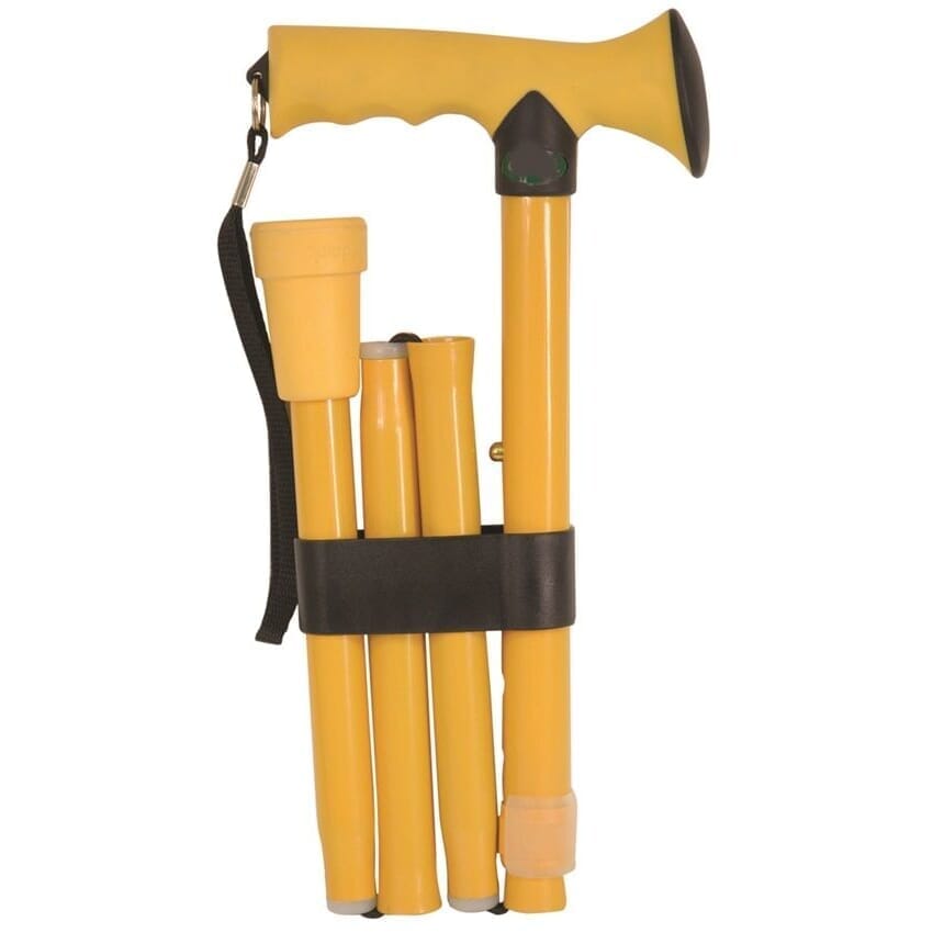 coloured folding walking stick yellow folded