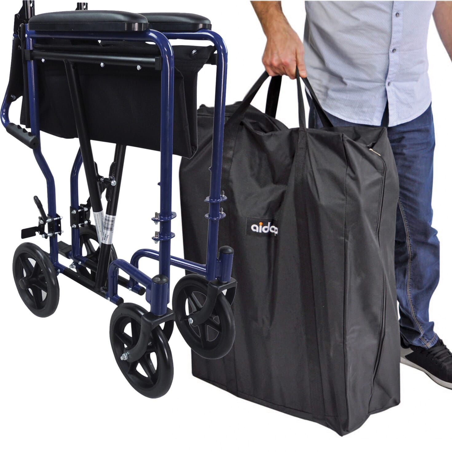 compact folding transit chair blue with carry bag