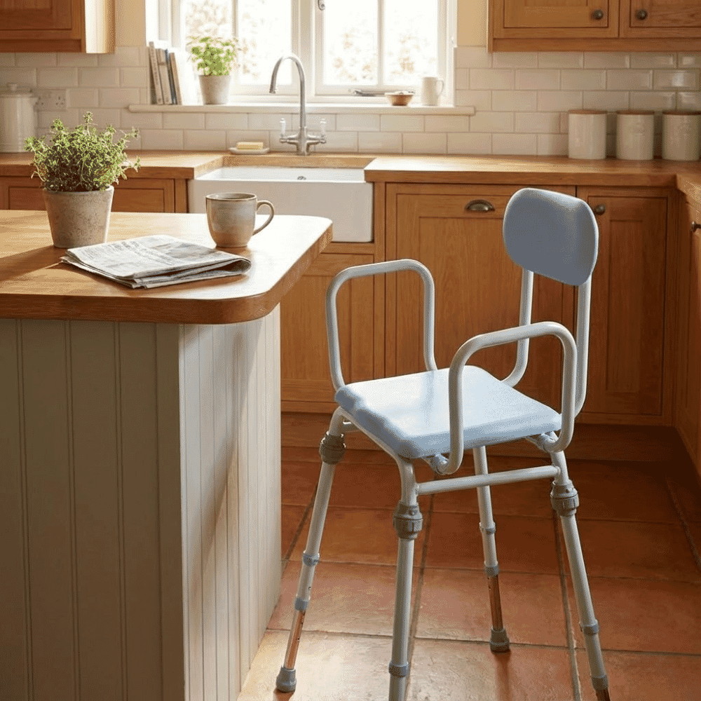 compact perching stool padded back blue lifestyle