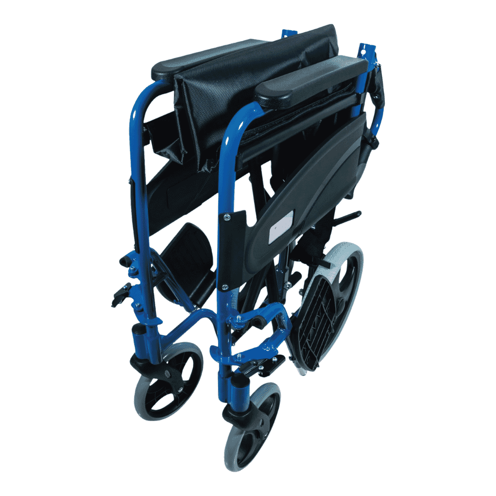compact transit wheelchair blue folded