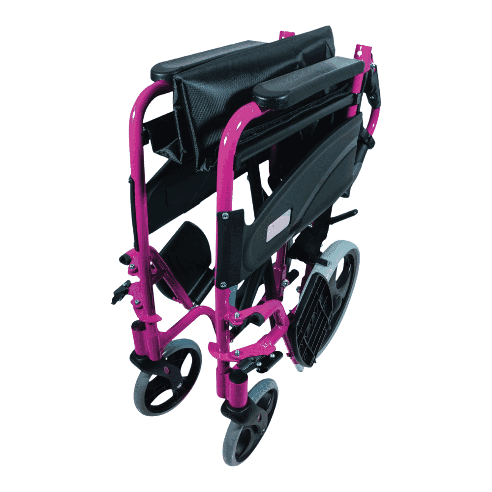 compact transit wheelchair deep pink folded