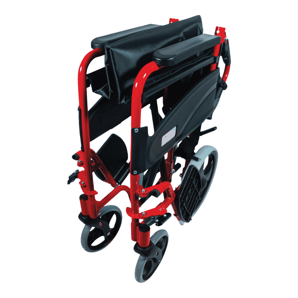 compact transit wheelchair red folded