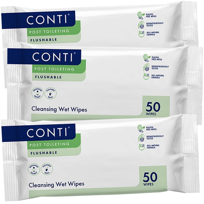 conti post toileting wet wipes fragrance free 3 packs of 50 large wipes