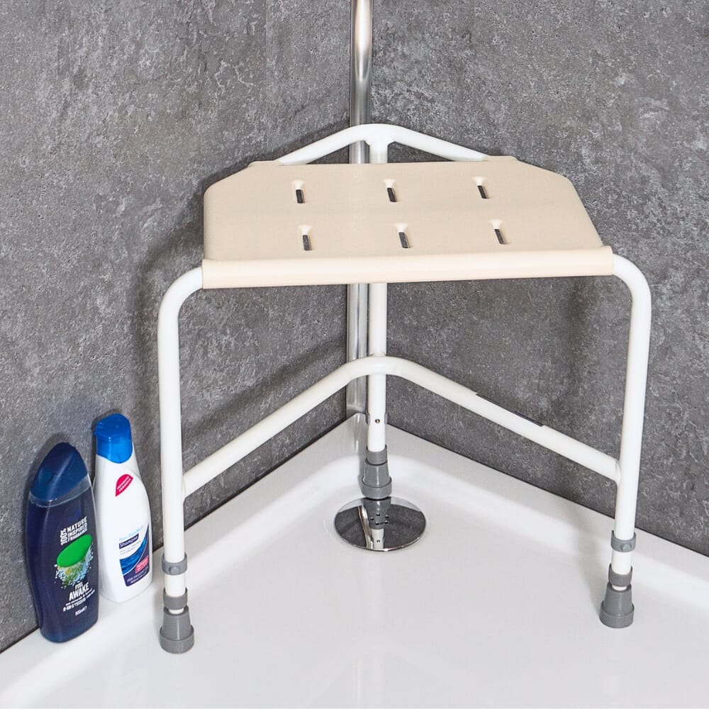 corner shower chair in shower