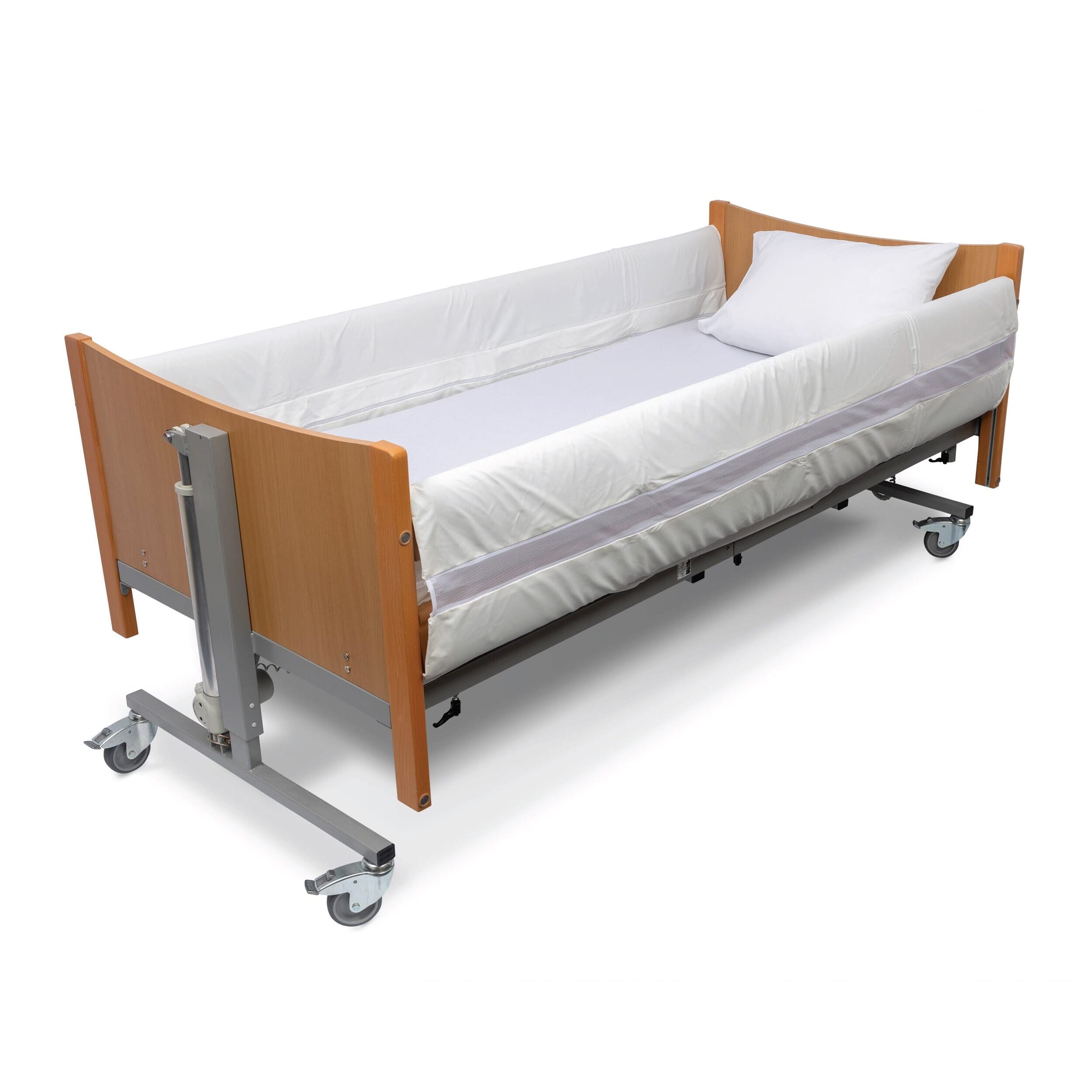 cot side bumpers with mesh shown long on bed
