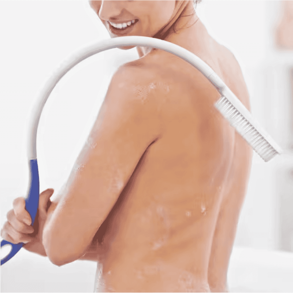 curved bath brush in use