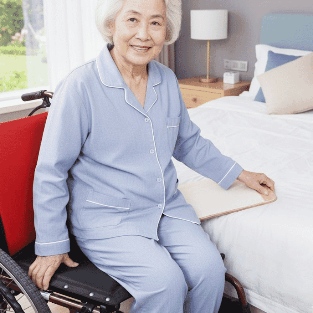 curved wooden transfer board in use