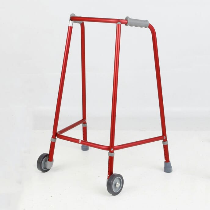 days red wheeled walking frames   adjustable height