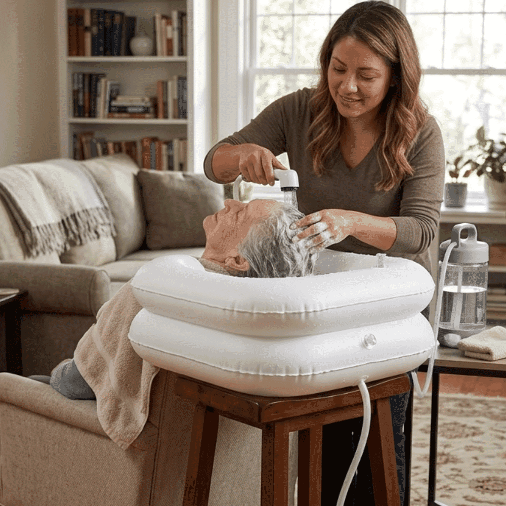 deluxe inflatable hairwash tray in use