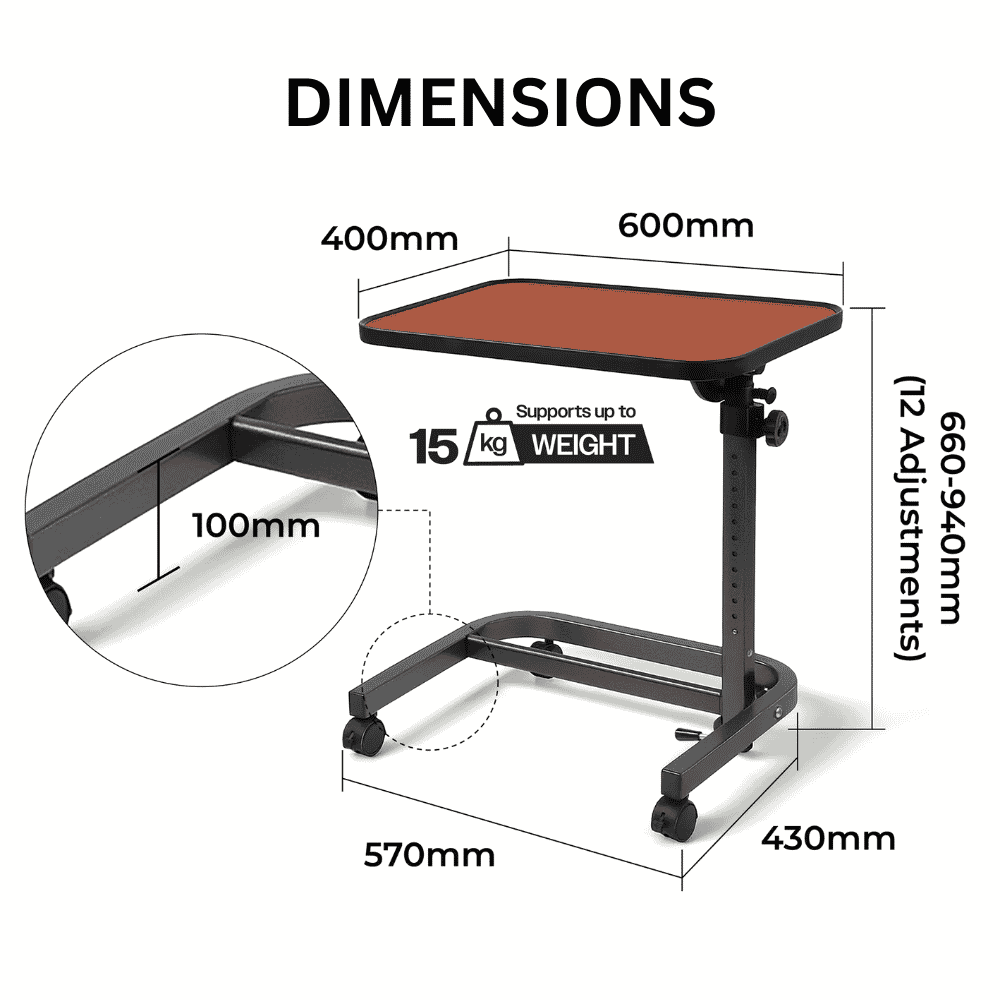 deluxe over chair table with wheels brown dimensions