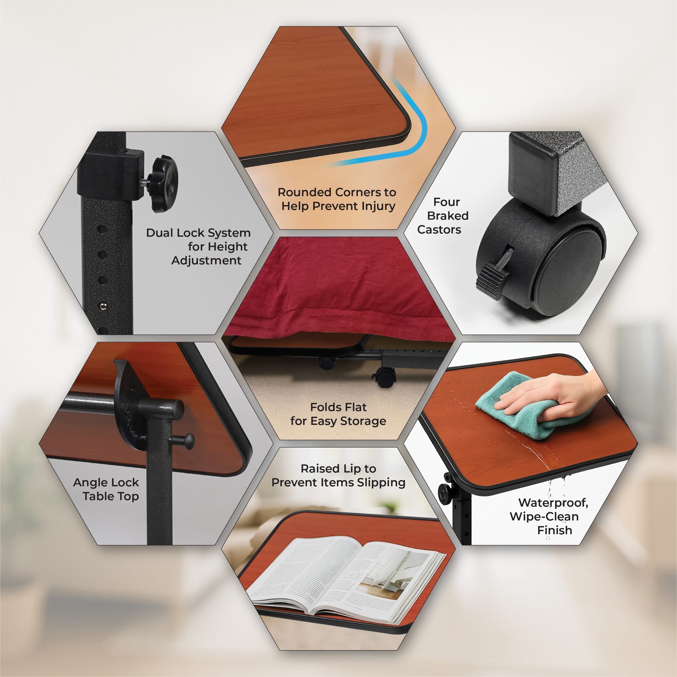 deluxe over chair table with wheels features