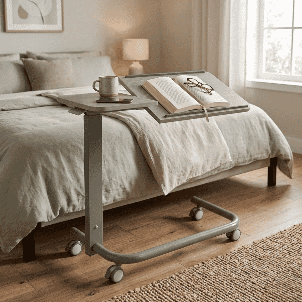 double tilting overbed table grey lifestyle