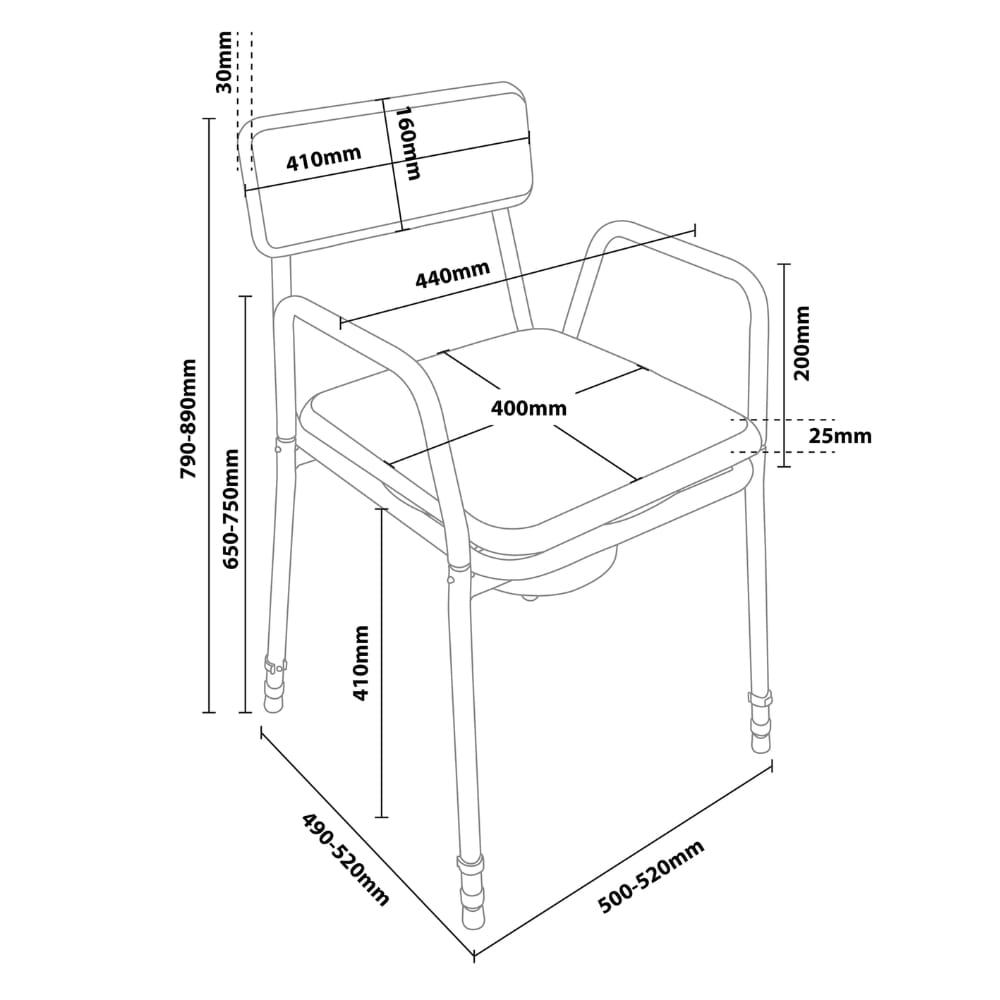 dovedale adjustable height and detachable arms commode dimensions