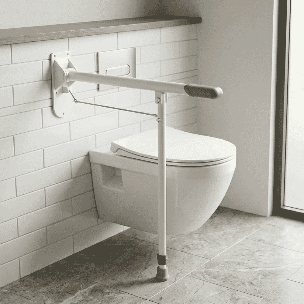 drop down toilet support rail with leg lifestyle