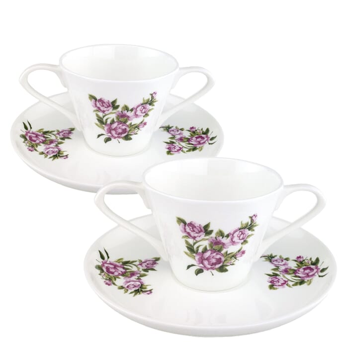 dual handle bone china cup and saucer two flora sets