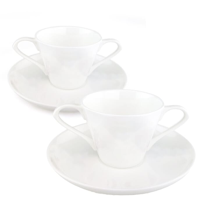 dual handle bone china cup and saucer two white sets