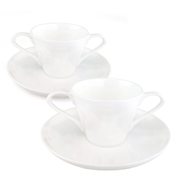 dual handle bone china cup and saucer two white sets