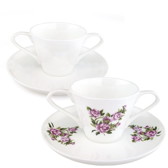 dual handle bone china cup and saucer