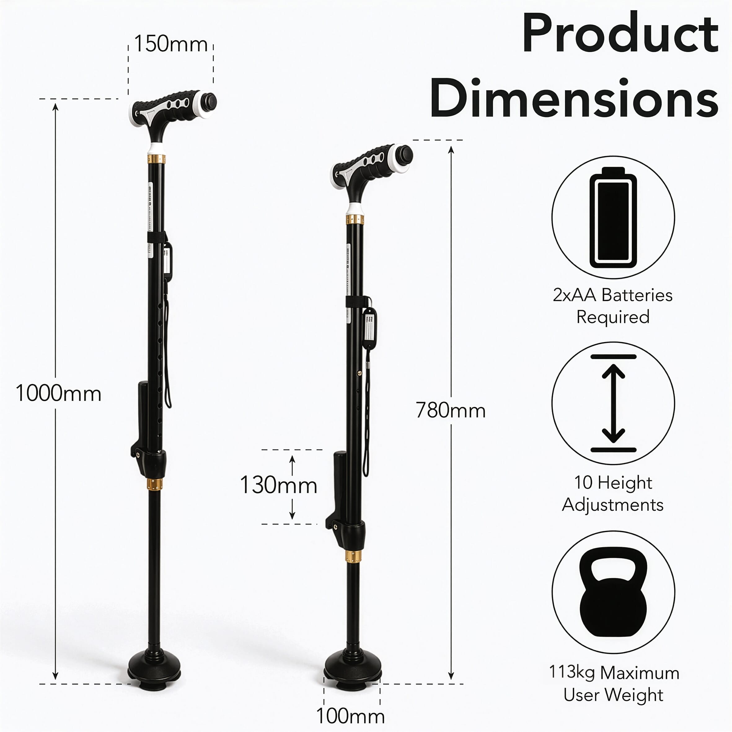 easy up cane with torch dimensions