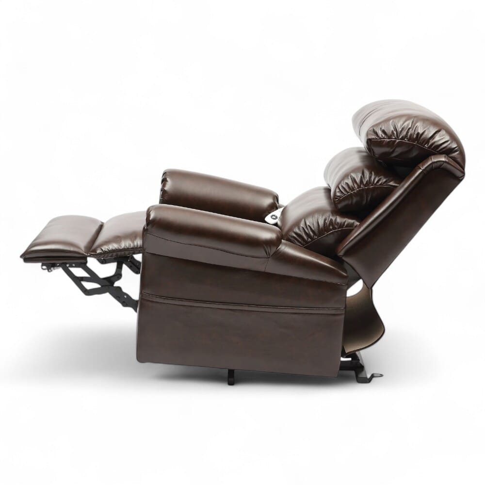 ecclesfield riser recliner chair pu upholstery chestnut reclined side view