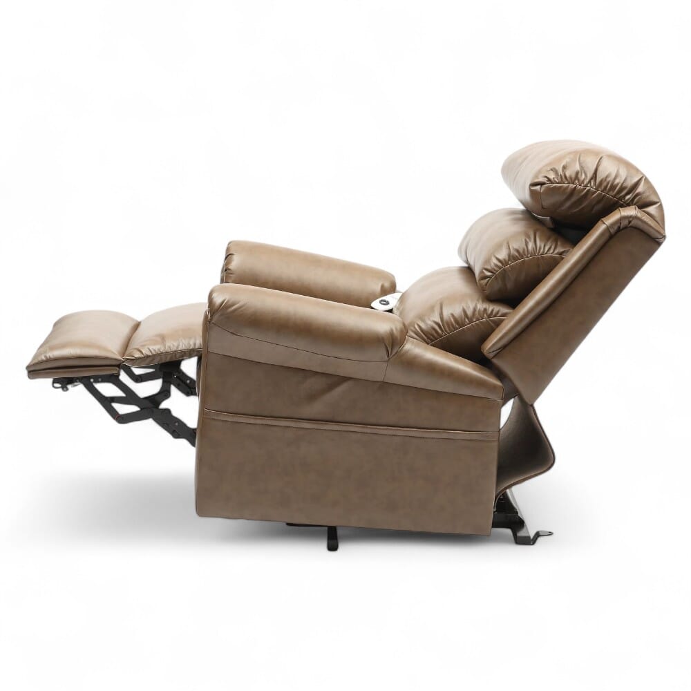 ecclesfield riser recliner chair pu upholstery nutmeg reclined side view