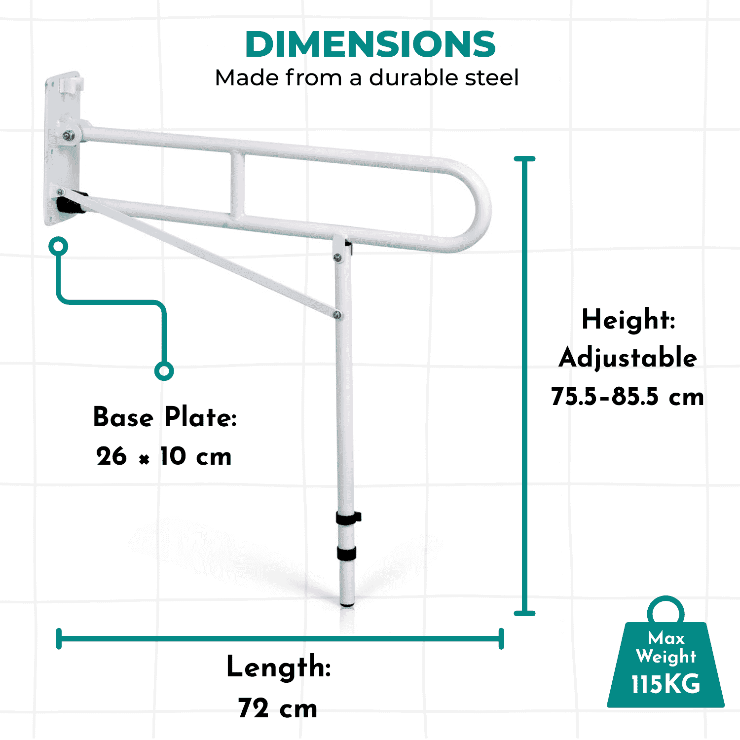 economy drop down toilet rail with leg dimensions