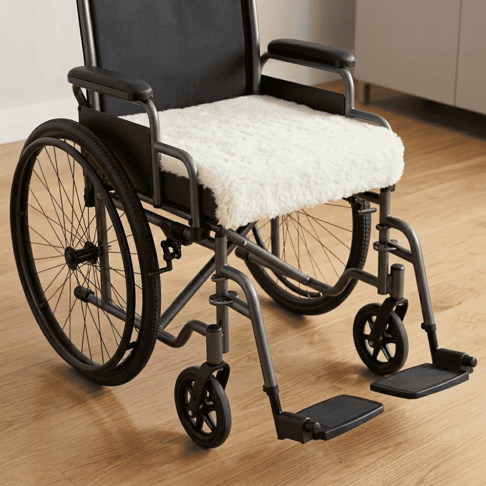 economy fleece wheelchair cushion on wheelchair