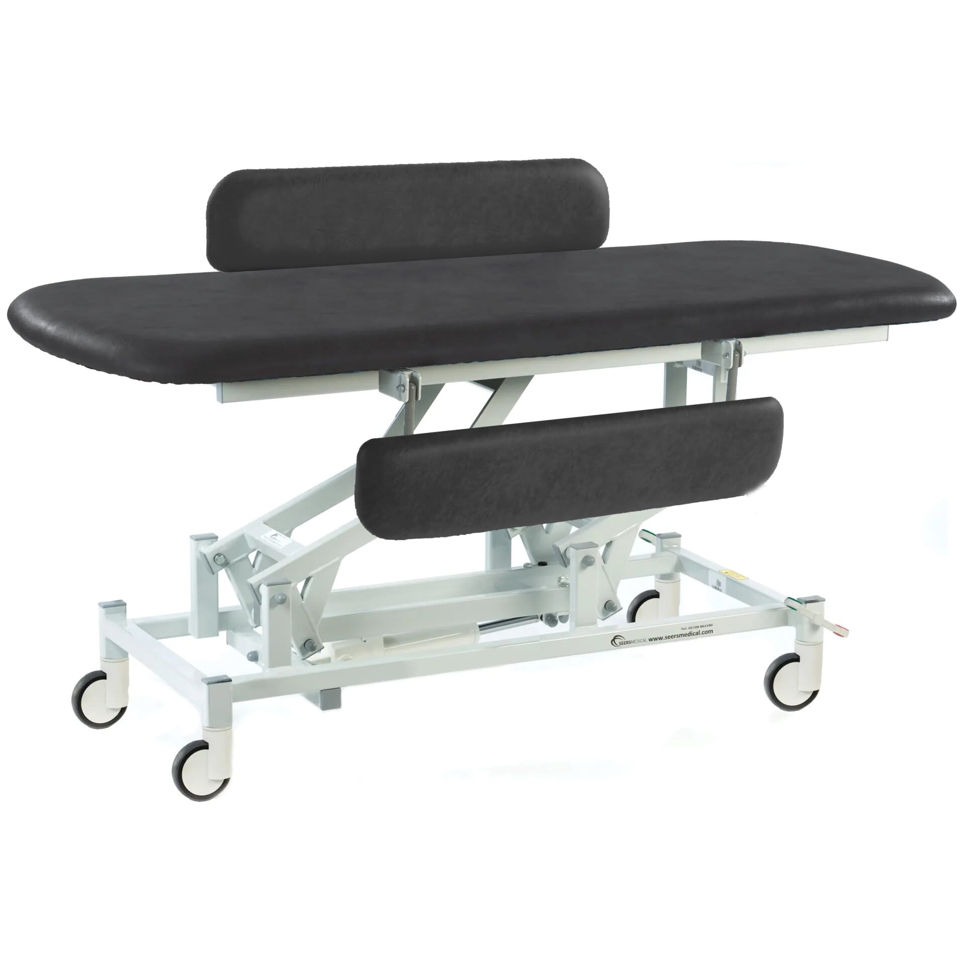electric therapy hygiene table with central locking wheels and padded side rails black