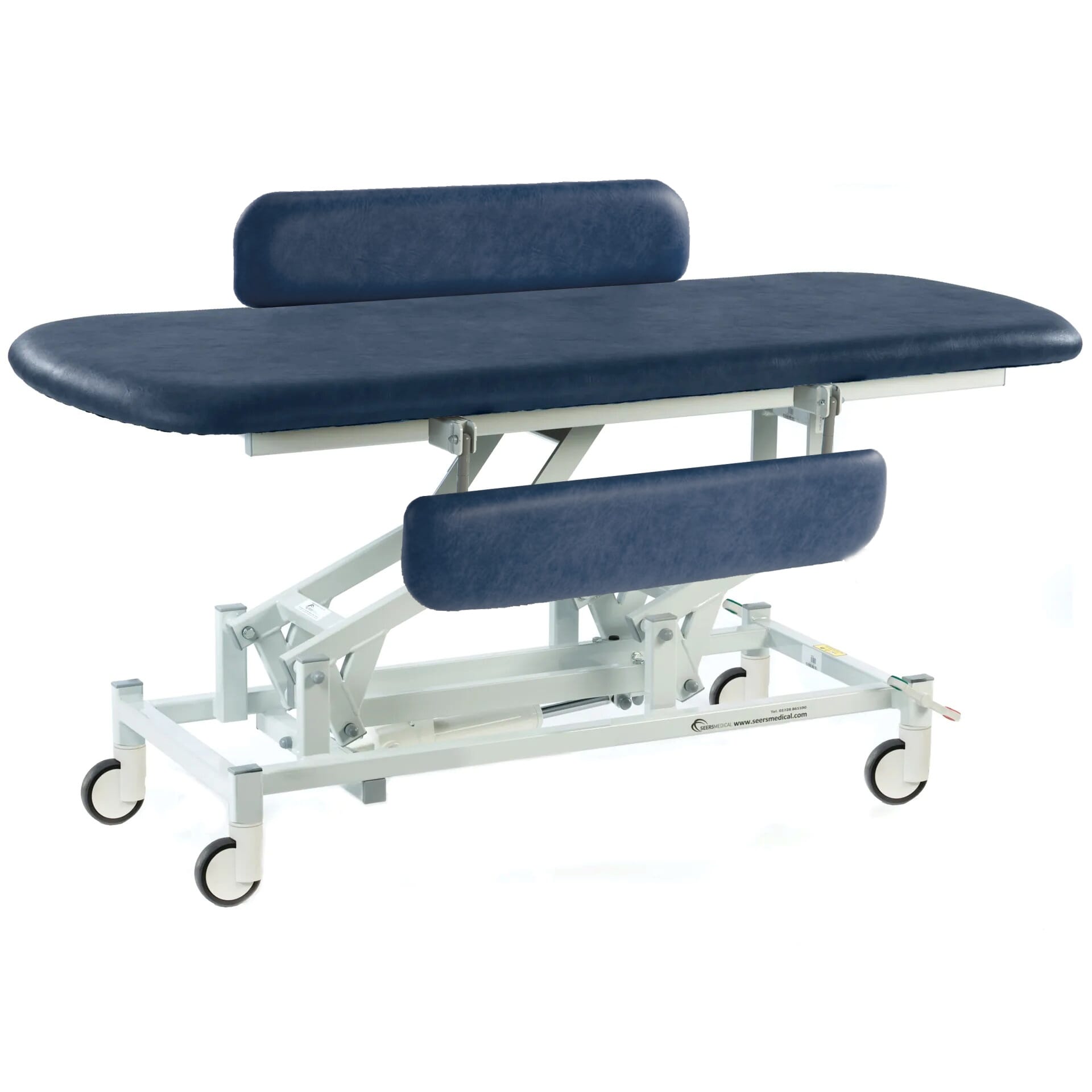 electric therapy hygiene table with central locking wheels and padded side rails dark blue