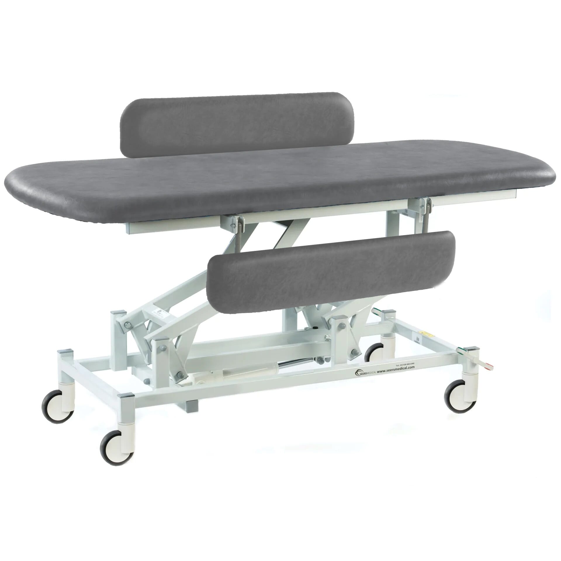 electric therapy hygiene table with central locking wheels and padded side rails dark grey