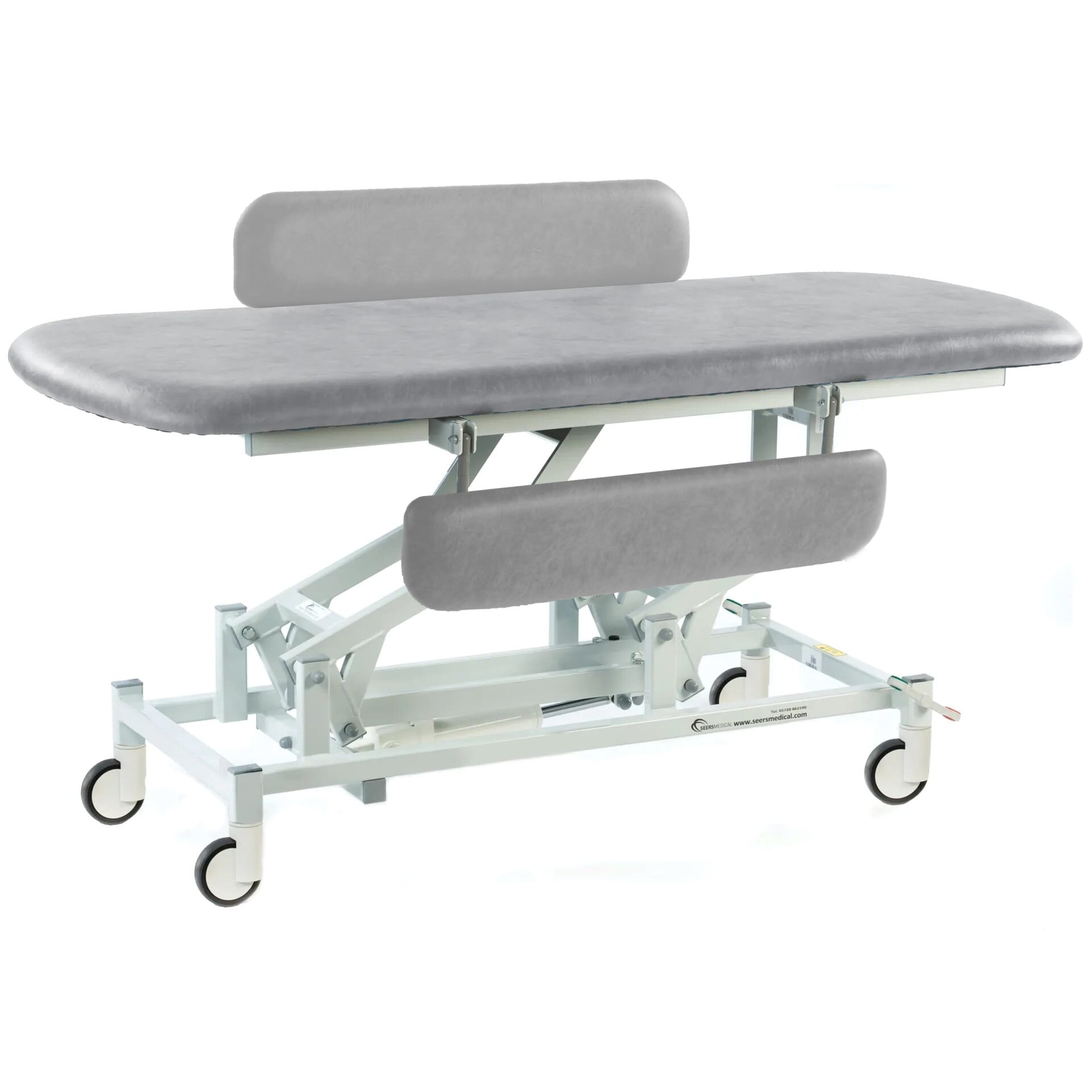 electric therapy hygiene table with central locking wheels and padded side rails light grey