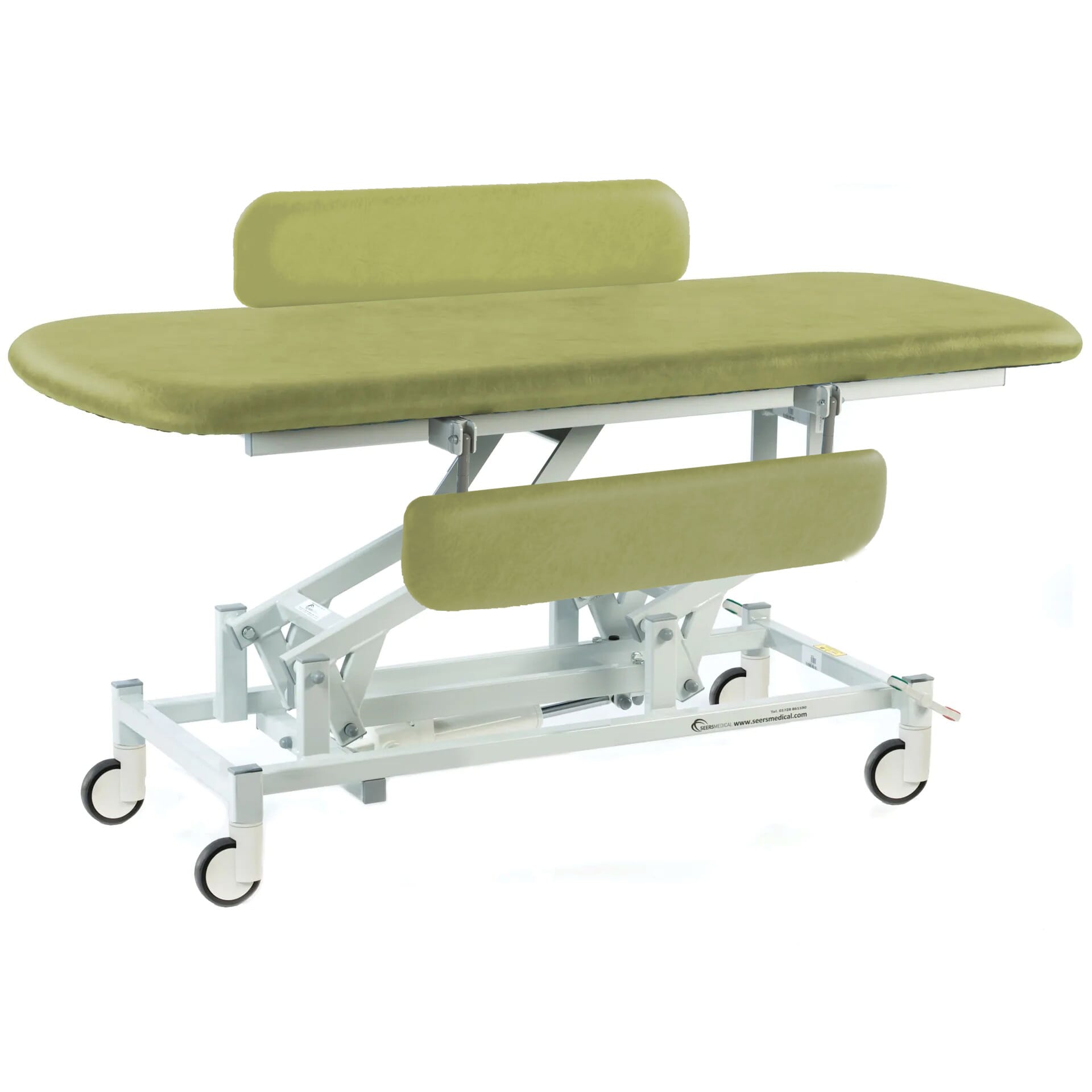 electric therapy hygiene table with central locking wheels and padded side rails olive