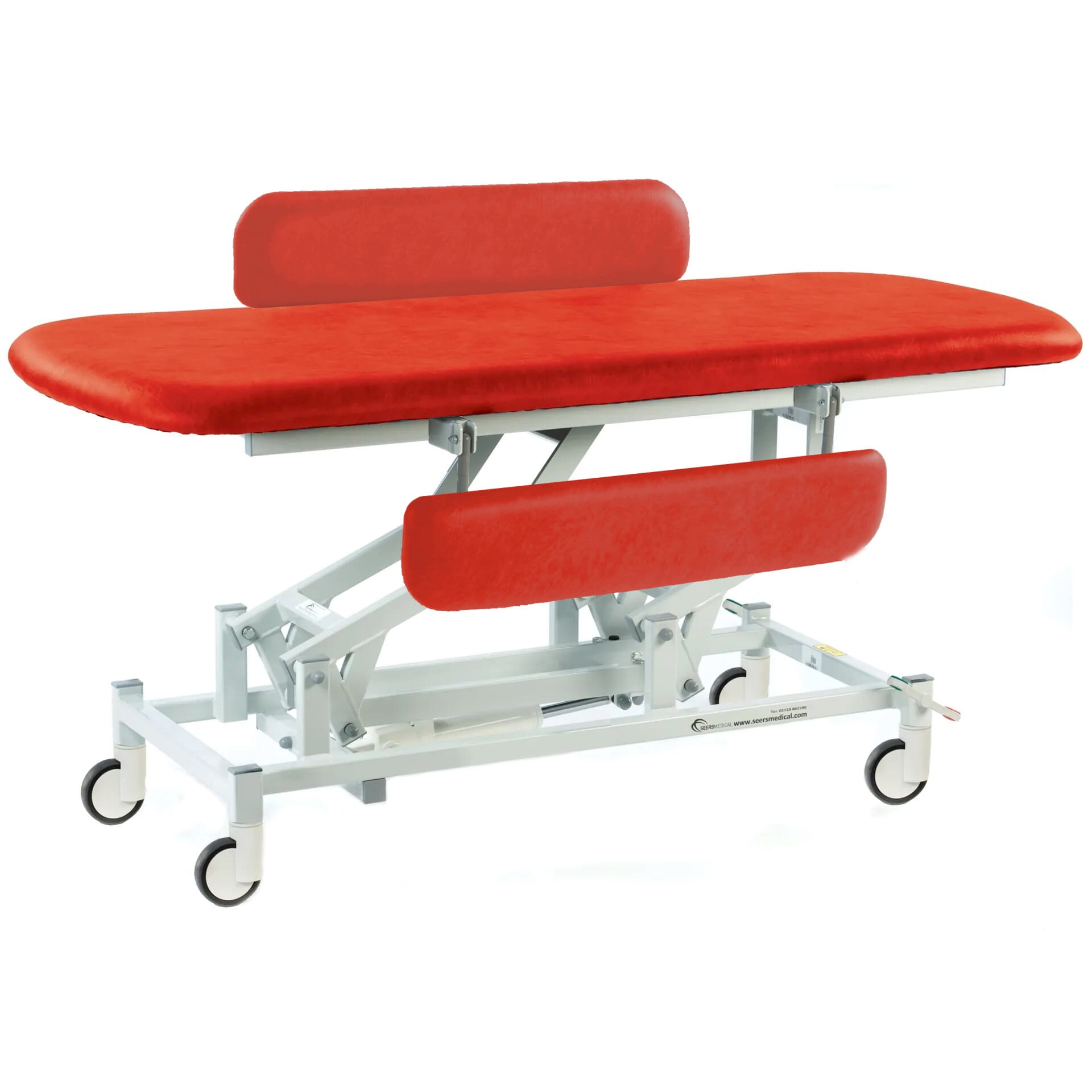 electric therapy hygiene table with central locking wheels and padded side rails red