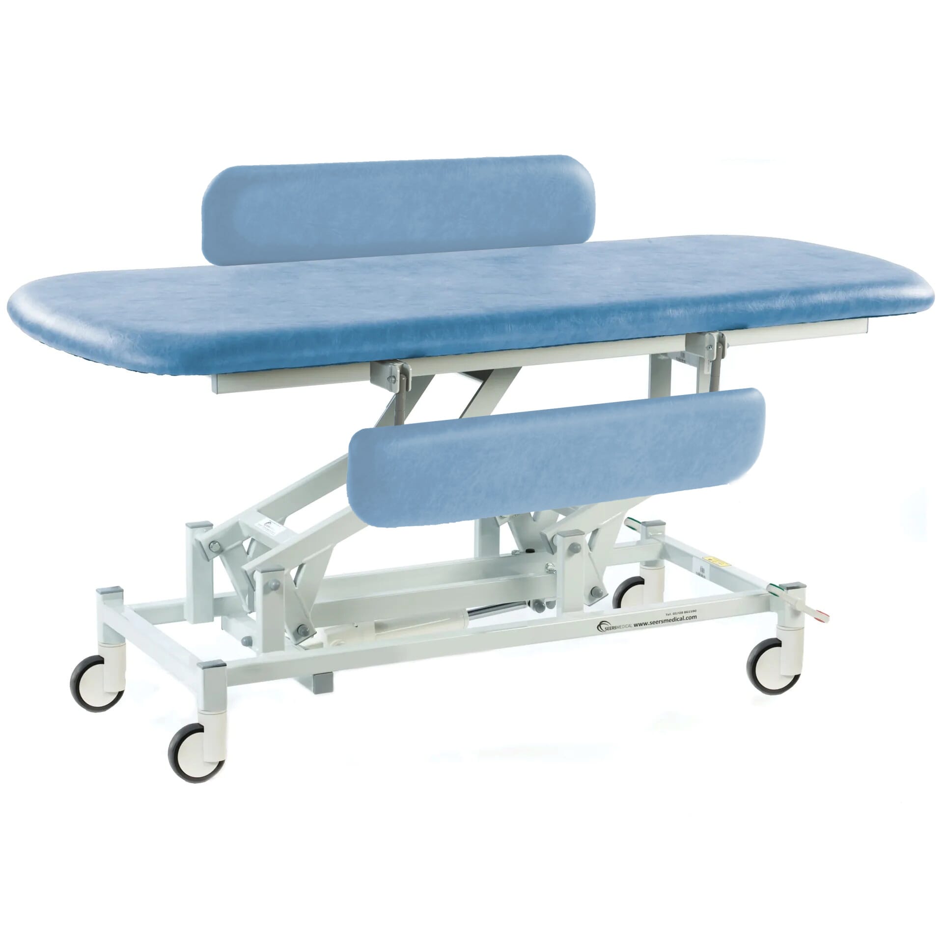 electric therapy hygiene table with central locking wheels and padded side rails sky blue