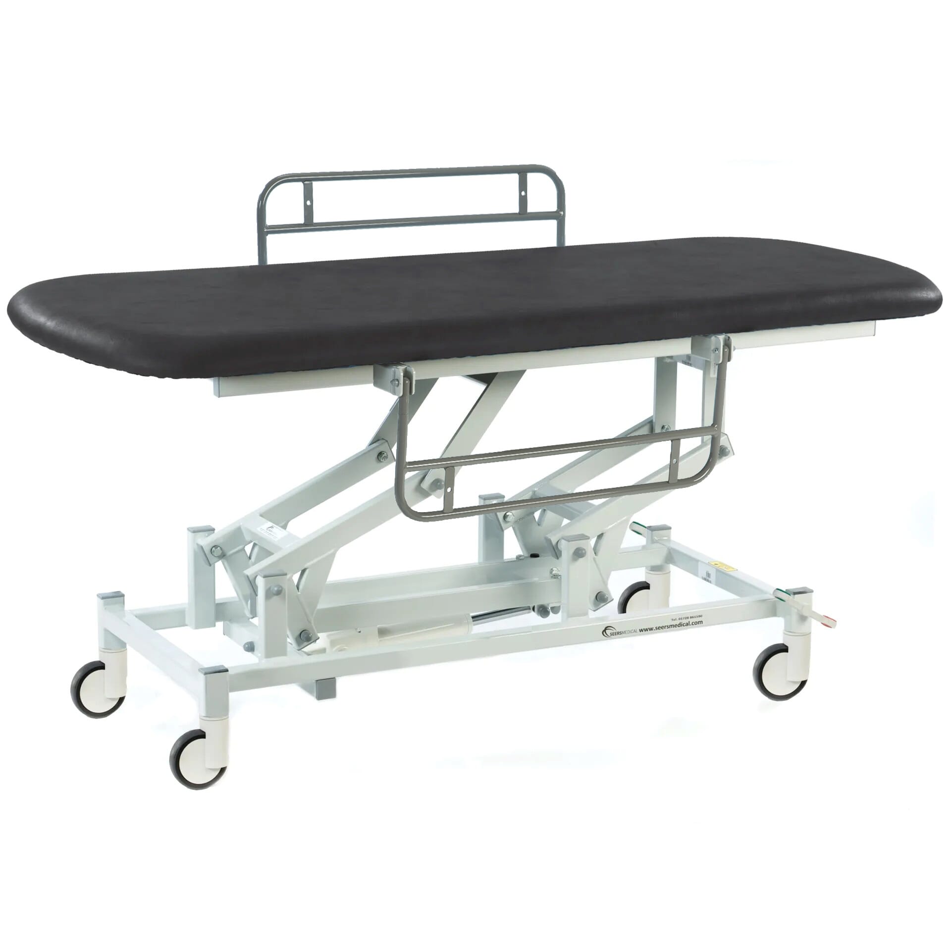 electric therapy hygiene table with central locking wheels and side rails black