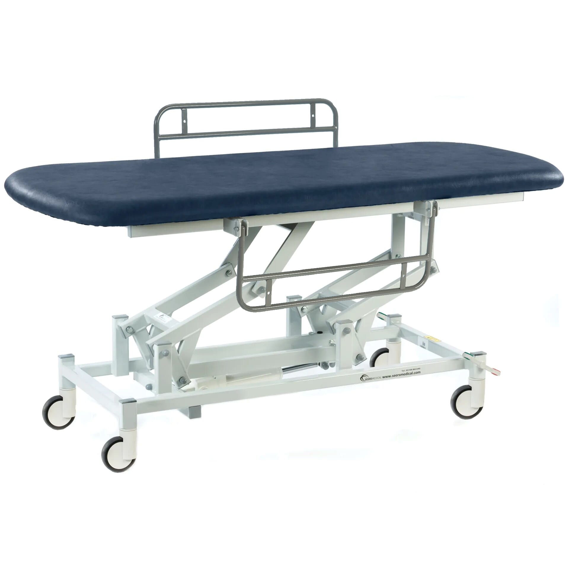 electric therapy hygiene table with central locking wheels and side rails dark blue