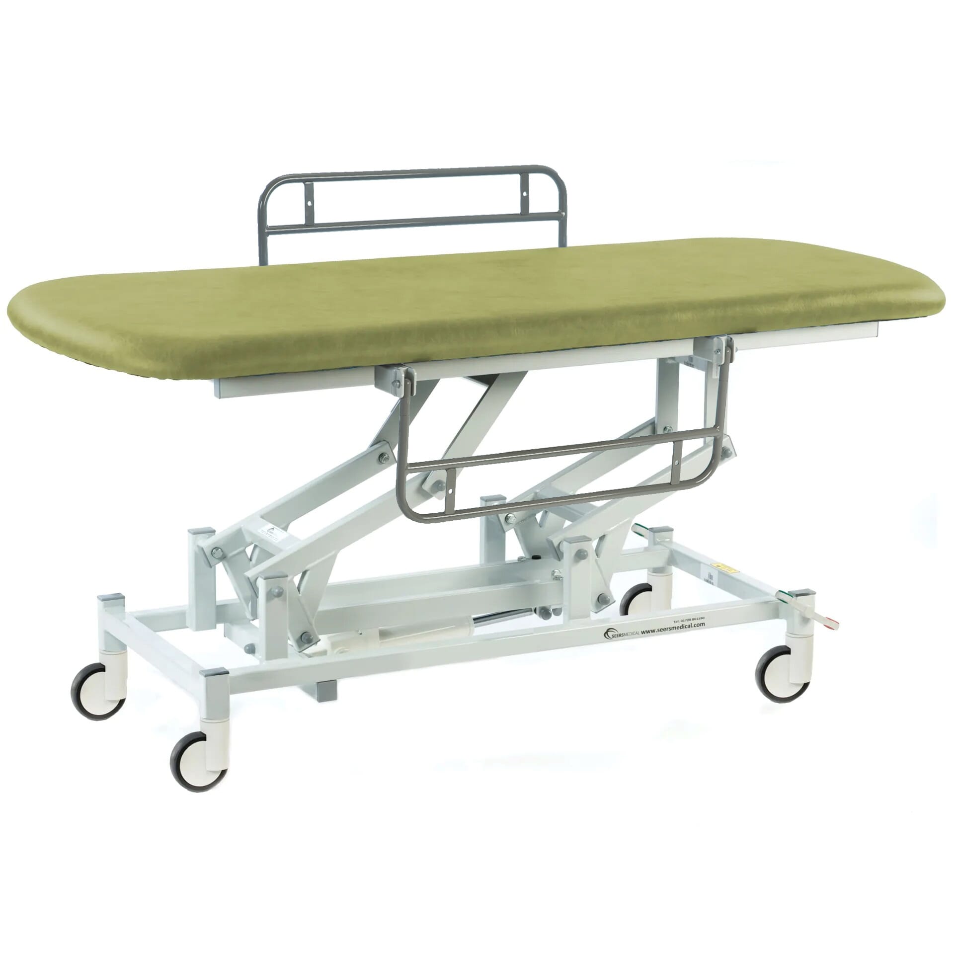 electric therapy hygiene table with central locking wheels and side rails olive