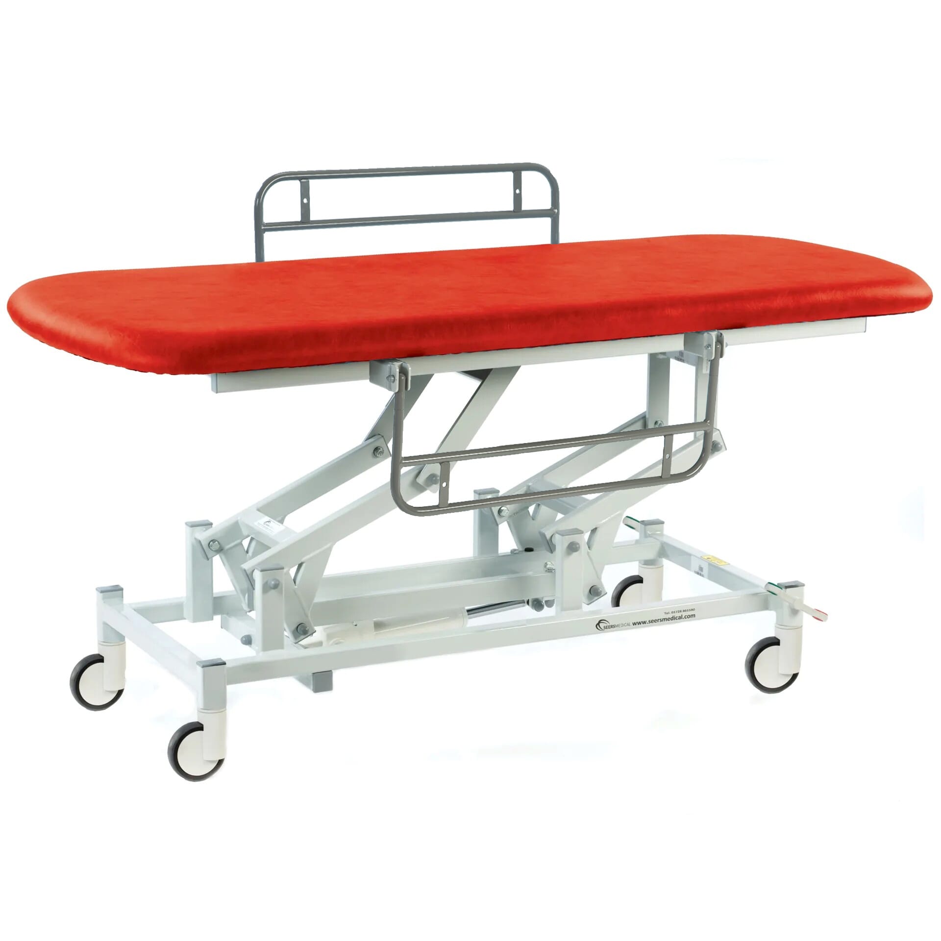 electric therapy hygiene table with central locking wheels and side rails red