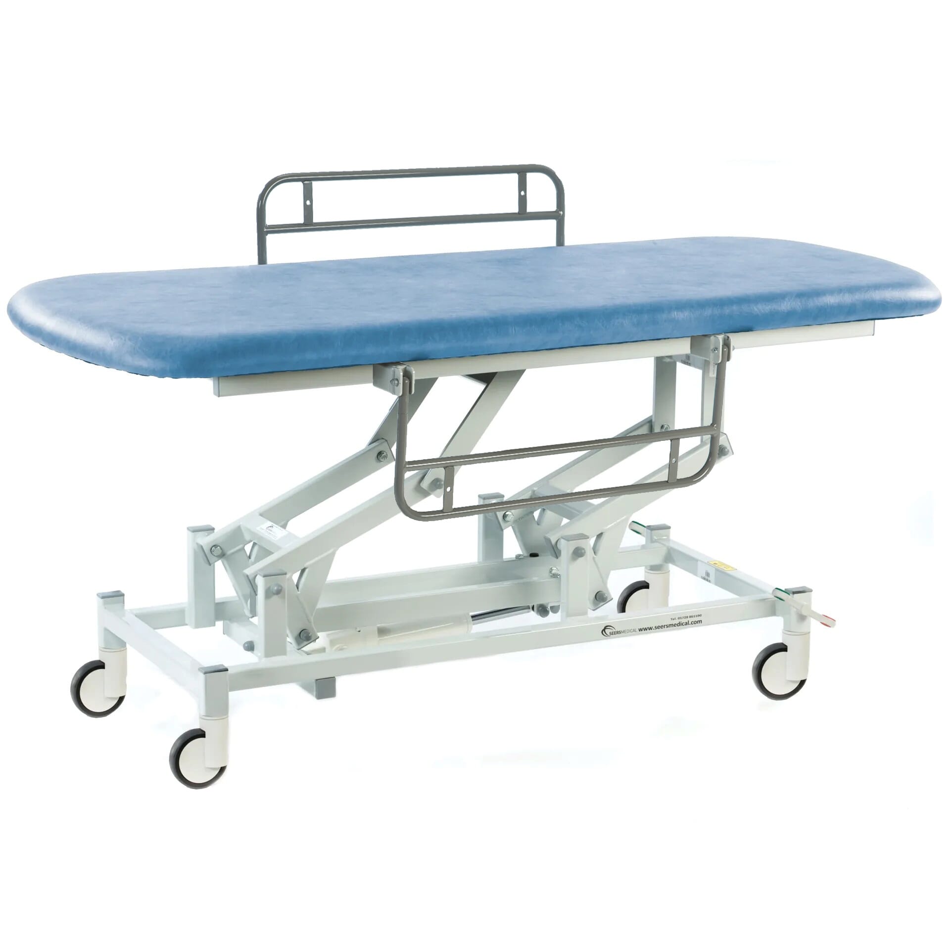 electric therapy hygiene table with central locking wheels and side rails sky blue