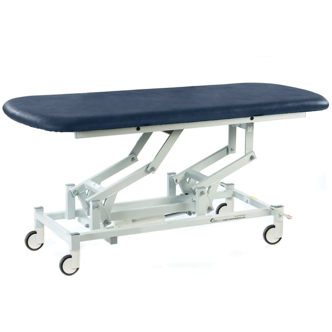 electric therapy hygiene table with central locking wheels dark blue