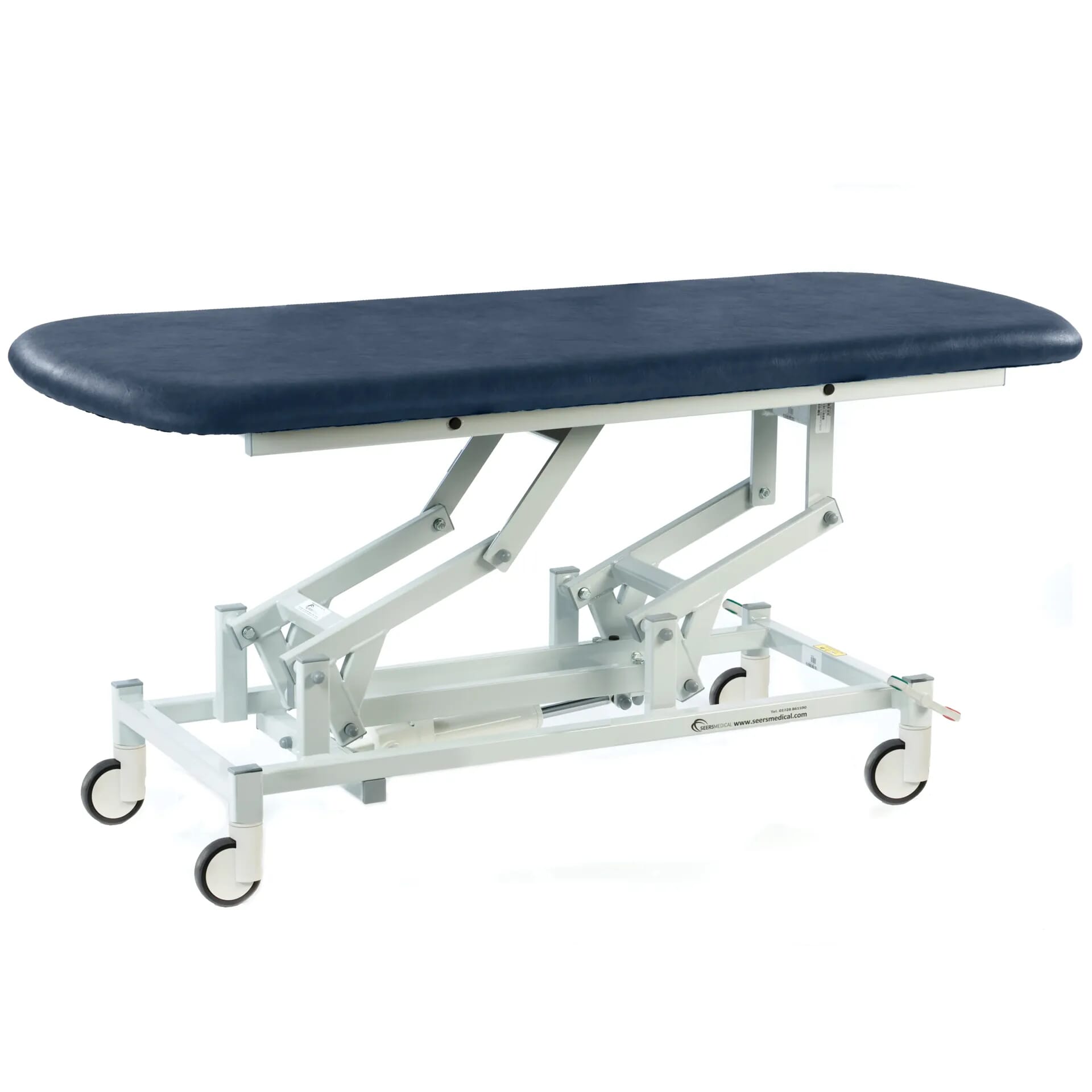 electric therapy hygiene table with central locking wheels dark blue