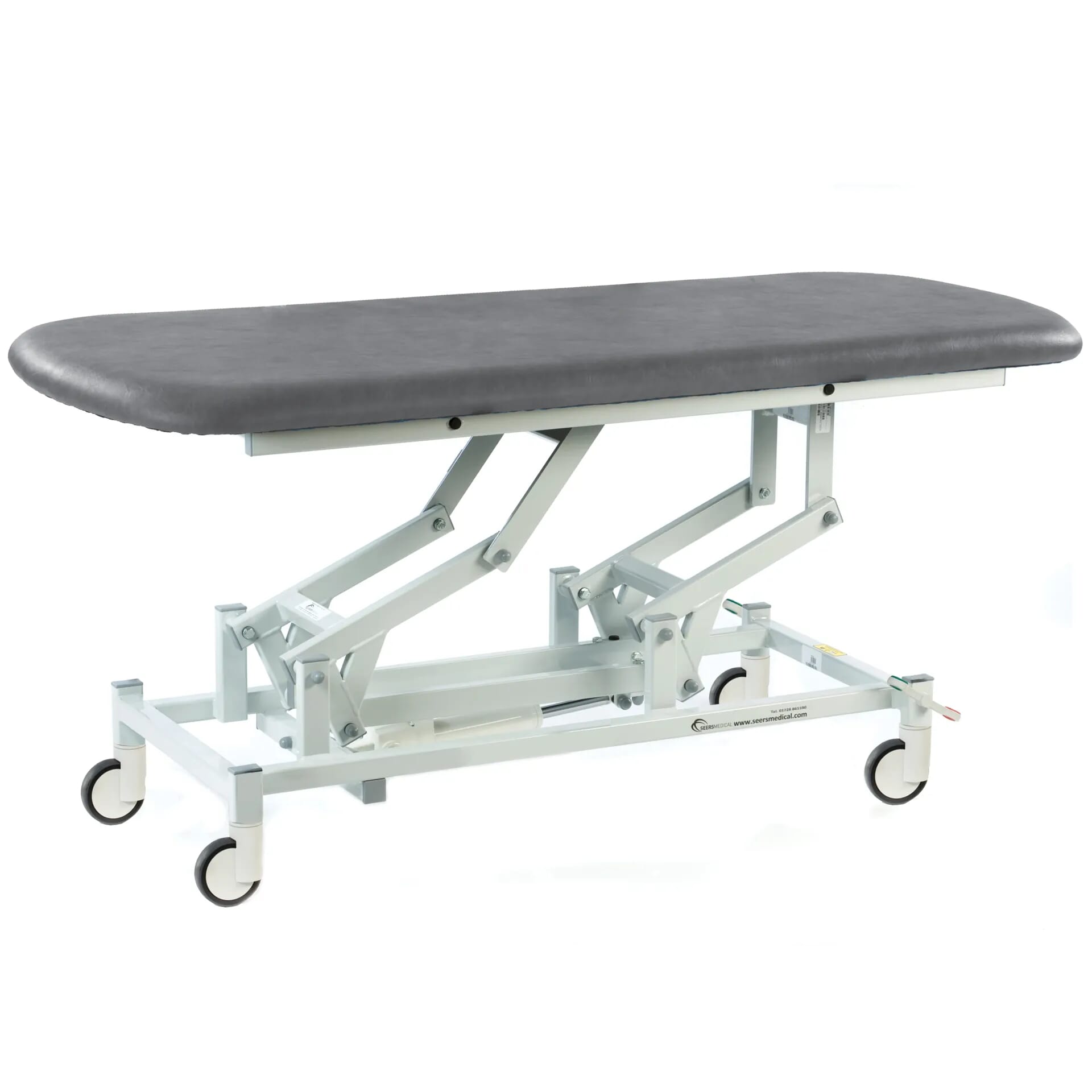 electric therapy hygiene table with central locking wheels dark grey