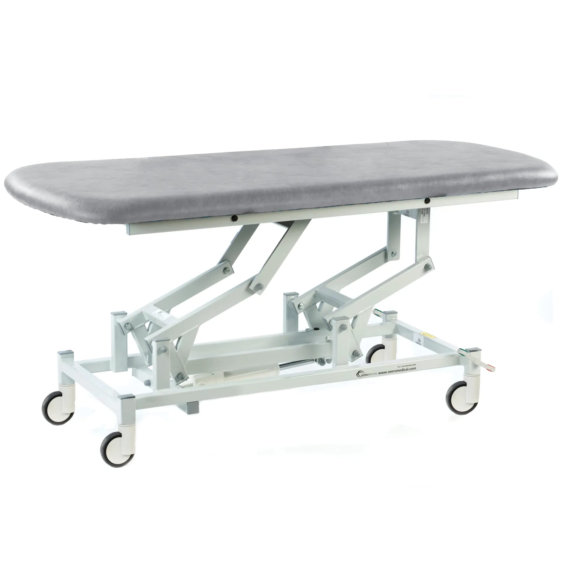 electric therapy hygiene table with central locking wheels light grey