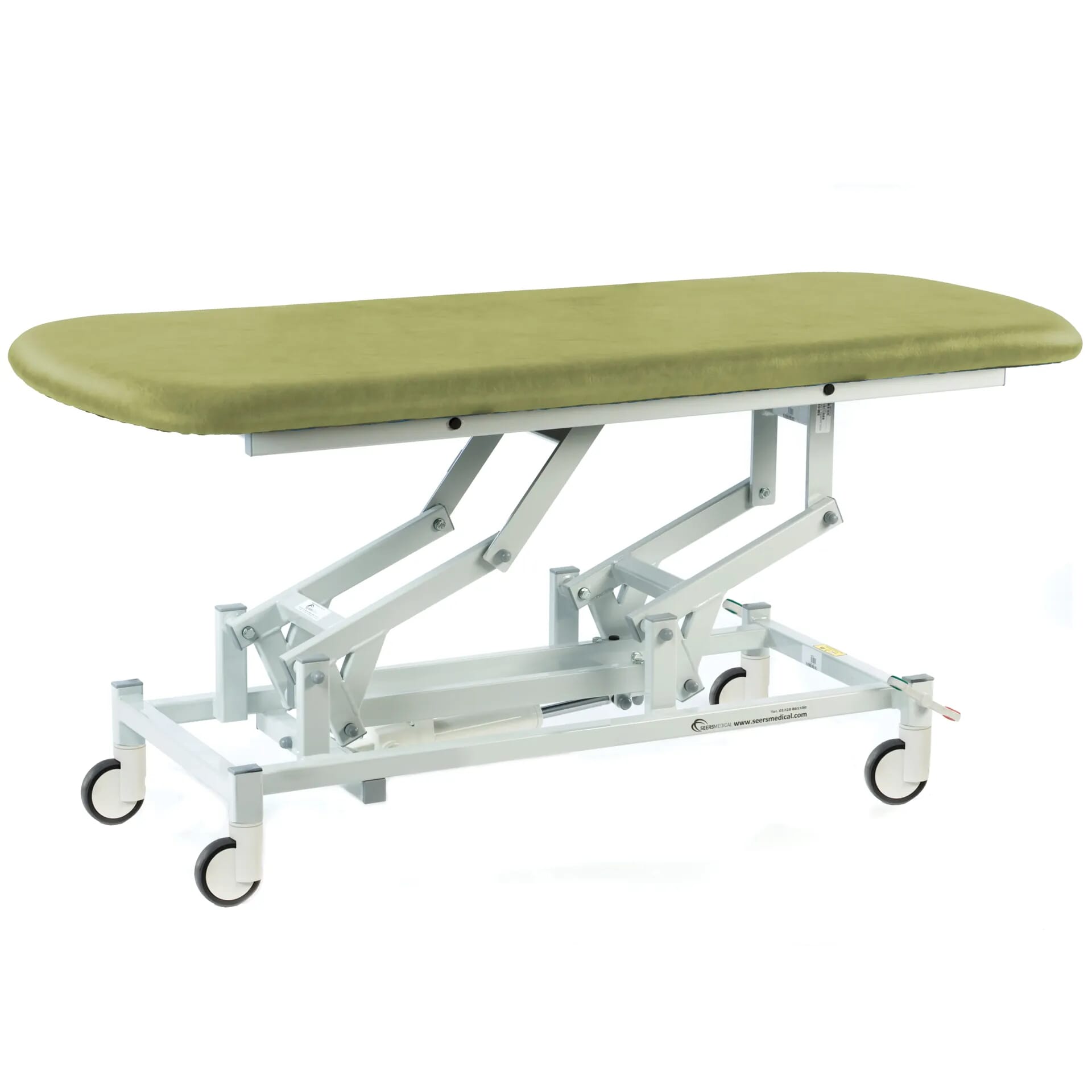 electric therapy hygiene table with central locking wheels olive